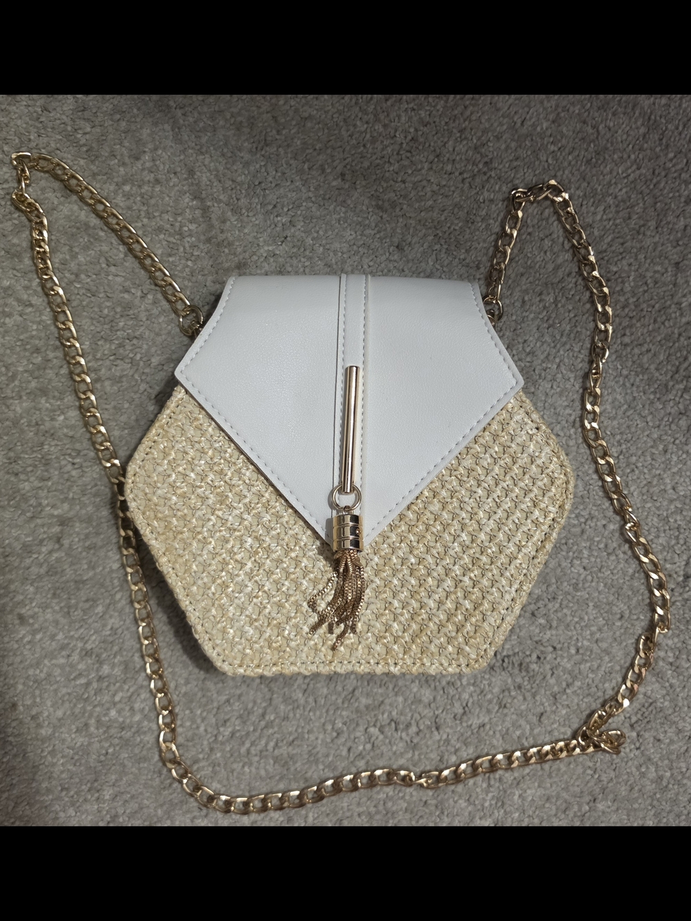 Hexagon Straw Crossbody with White Flap and Gold Chain